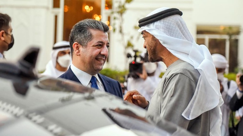 Prime Minister Masrour Barzani (Left) being received by Abu Dhabi Emirate Crown Prince Mohammed bin Zayed in the UAE capital on Jan. 25, 2022. (Photo: KRG)
