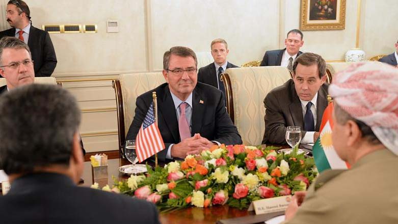 Former US Secertary of Defense Ashton Carter (center) during a meeting with former President of the Kurdistan Region, Masoud Barzani, in Erbil, Oct. 23, 2016. (Photo: Kurdistan Region Presidency)