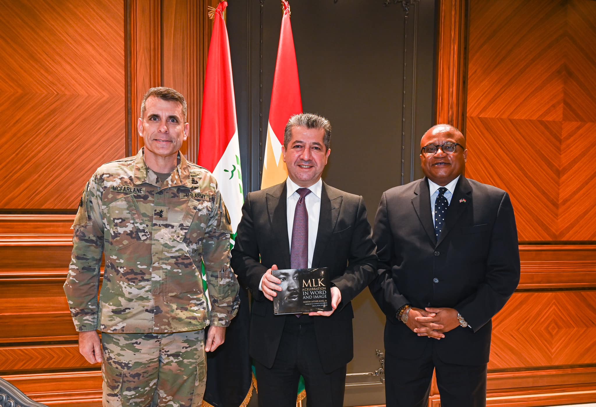 US envoy to Erbil (right) and commander of the anti-ISIS coalition in Iraq and Syria, Maj. Gen. Matthew W. McFarlane, (left) presented an album of Martin Luther King Jr. to Prime Minister Masrour Barzani, Jan. 15, 2023. (Photo: KRG)