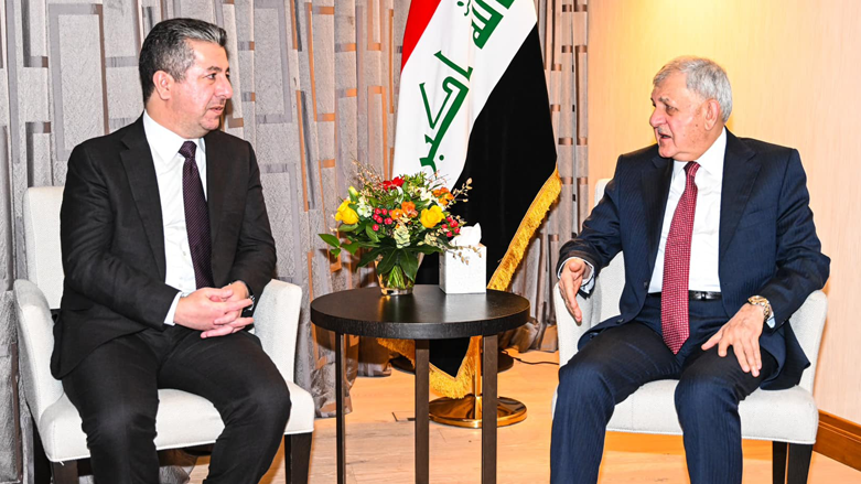 Kurdistan Region Prime Minister Masrour Barzani (left) during his meeting with Iraqi President Abdul-Latif Rashid (right) in Davos, Switzerland, Jan. 17, 2023. (Photo: KRG)