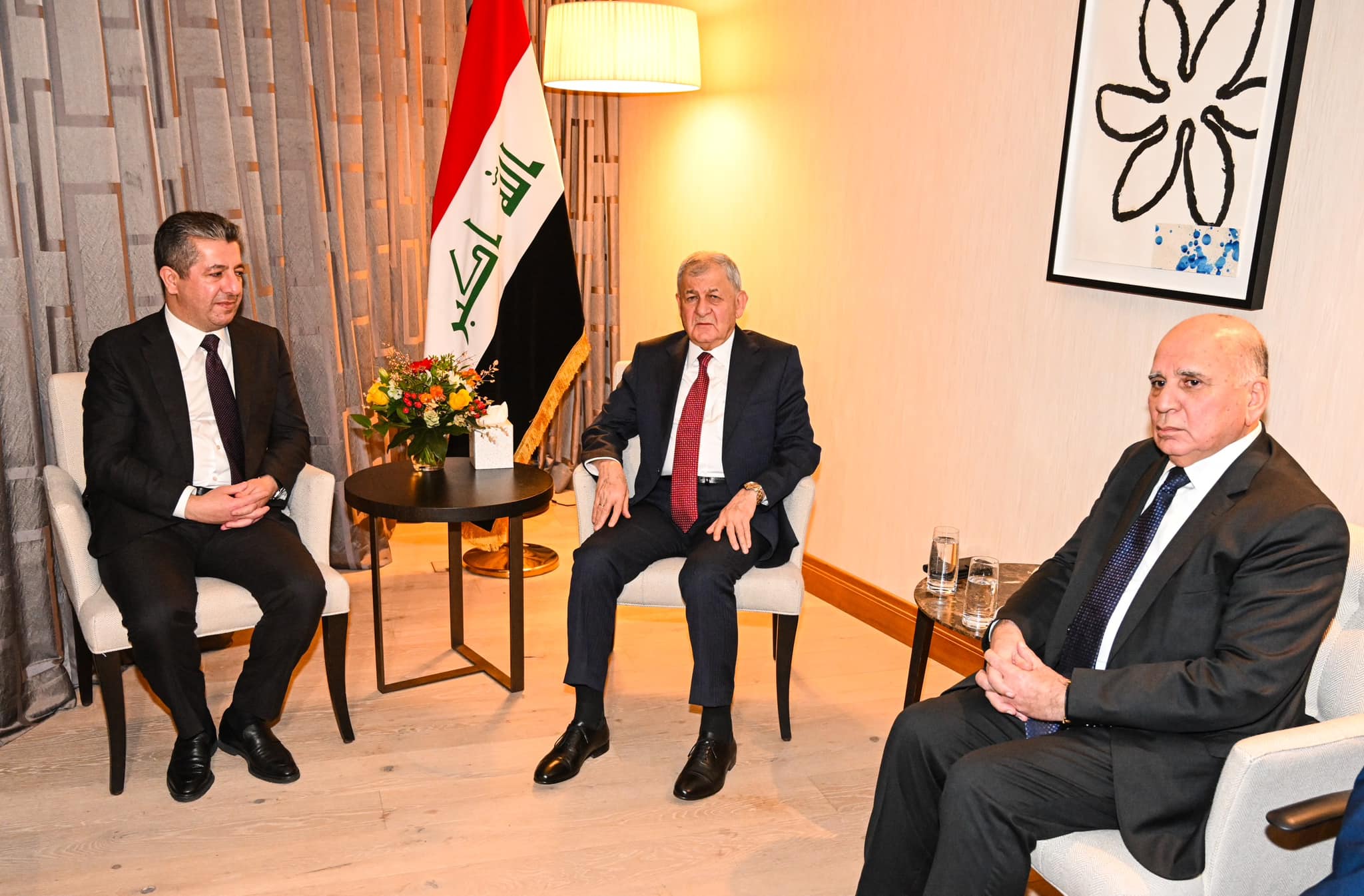 Kurdistan Region Prime Minister Masrour Barzani (top left) during his meeting with Iraqi President Abdul-Latif Rashid (right) in Davos, Switzerland, Jan. 17, 2023. (Photo: KRG)