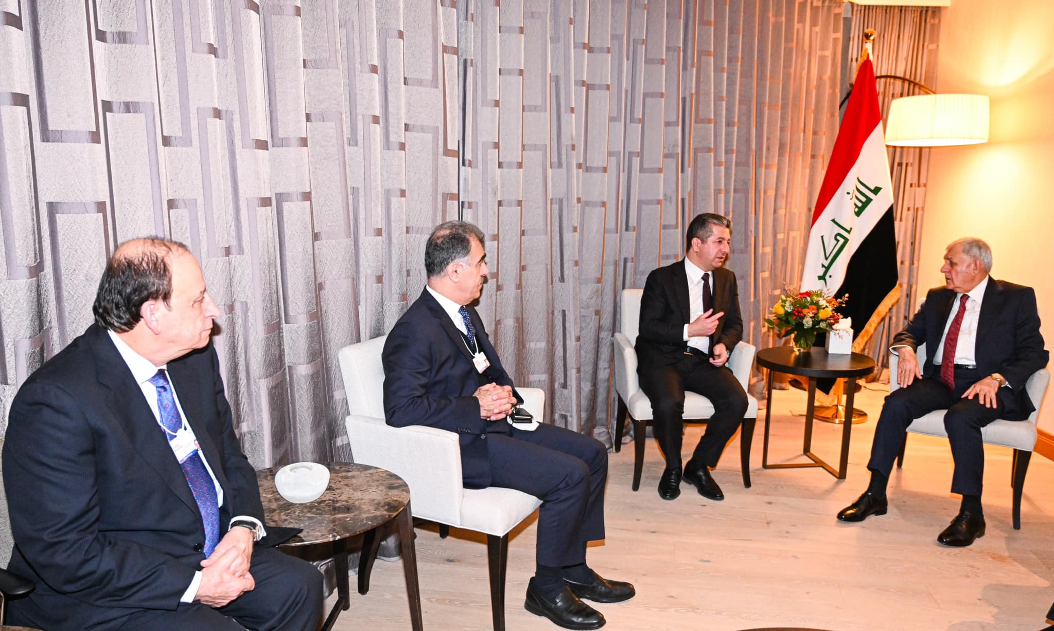 Kurdistan Region Prime Minister Masrour Barzani (top left) during his meeting with Iraqi President Abdul-Latif Rashid (right) in Davos, Switzerland, Jan. 17, 2023. (Photo: KRG)