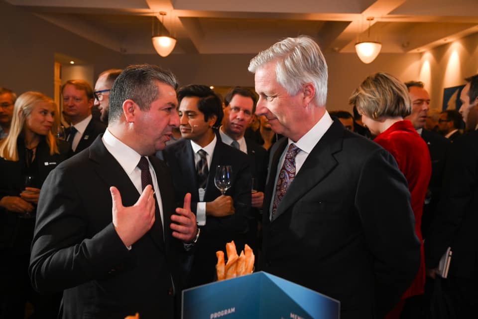 Kurdistan Region Prime Minister Masrour Barzani (left) speaking with King Philippe of Belgium during an event titled 