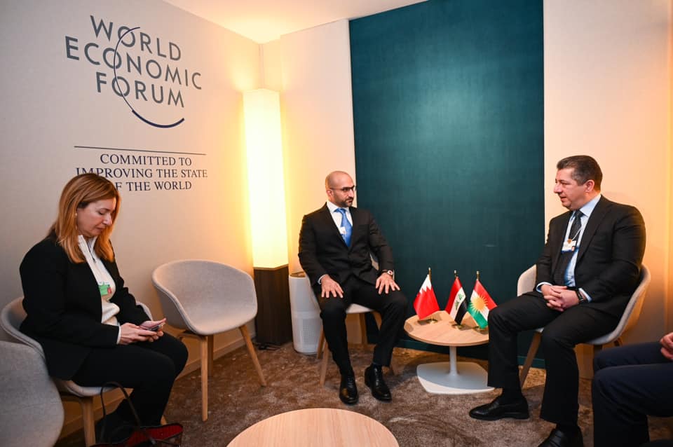 Kurdistan Region Prime Minister Masrour Barzani (right) during his meeting with Bahrain's Minister of Industry and Commerce Abdulla bin Adel Fakhro in Davos, Jan. 18, 2023. (Photo: KRG)