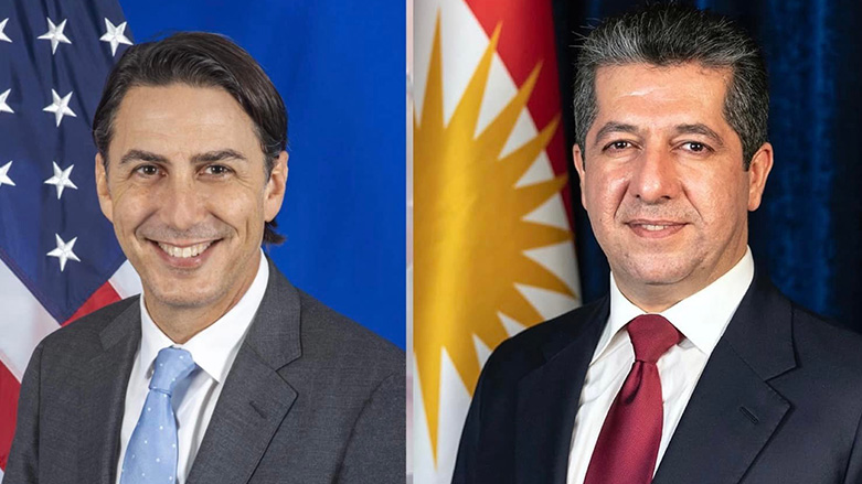 Prime Minister Masrour Barzani (left) and US Special Coordinator for Global Infrastructure and Energy Security, Amos Hochstein (Photo: designed by Kurdistan 24)