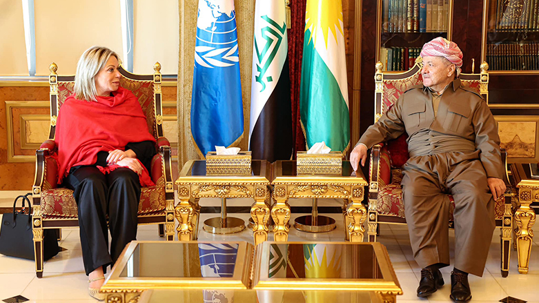 KDP President Masoud Barzani (right) during his meeting with the head of UNAMI Jeanine Hennis-Plasschaert in Erbil, Jan. 25, 2023. (Photo: Barzani Headquarters)