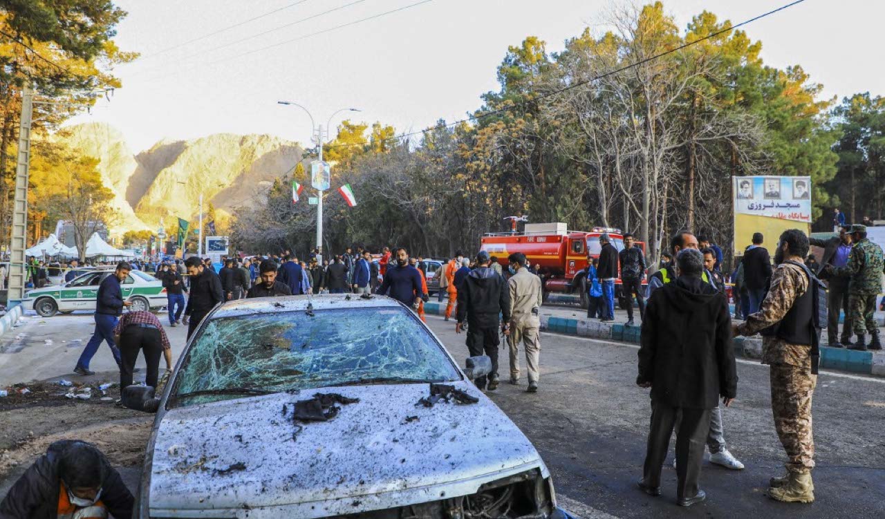 The site where two explosions in quick succession struck a crowd marking the anniversary of the 2020 killing of Guards general Qasem Soleimani in Kerman on January 3, 2024 (Photo: Sare Tajalli/ISNA/AFP)