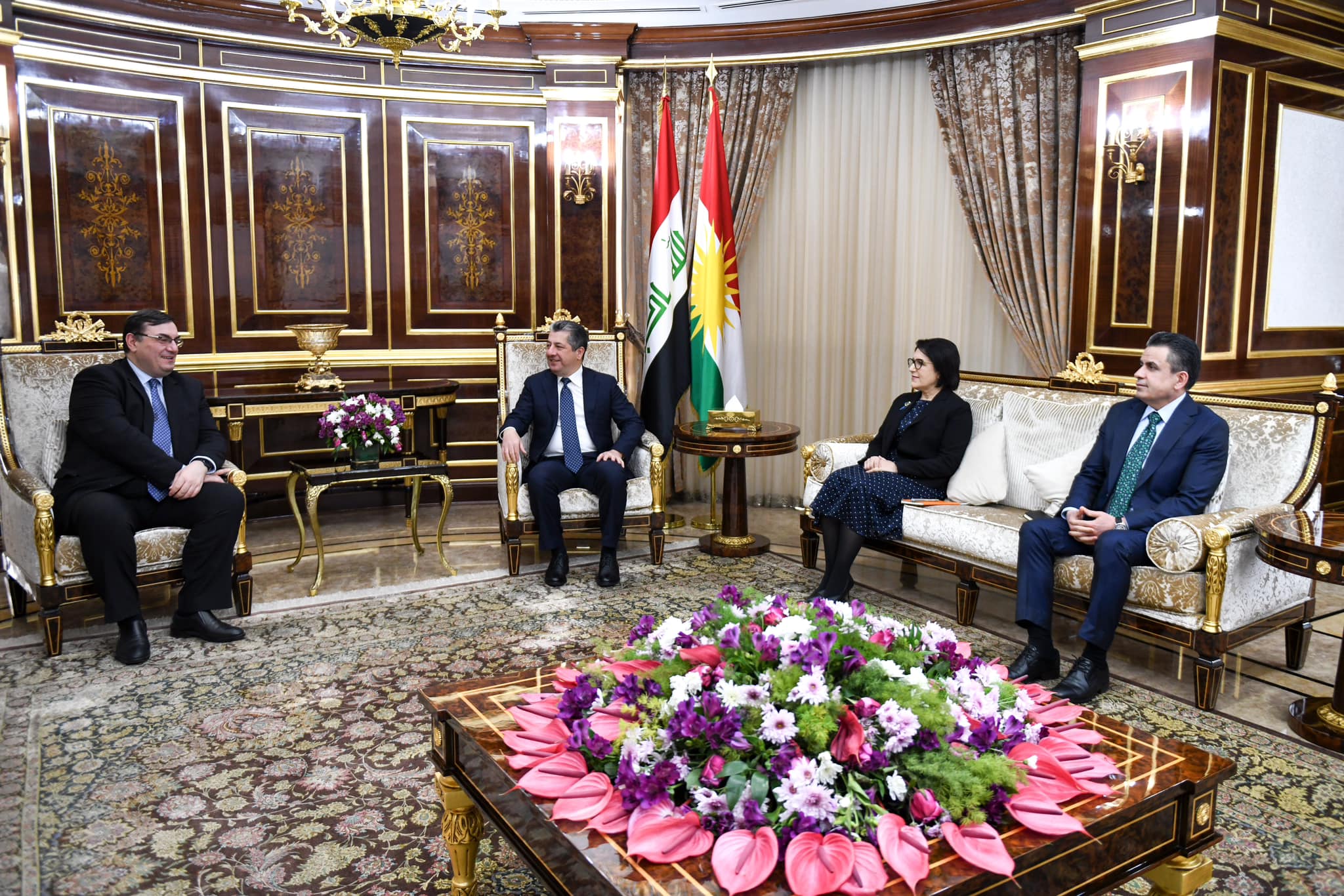 Kurdistan Region Prime Minister Masrour Barzani (top right) during his meeting with Austrian Ambassador to Iraq Andrea Nasi (top left) in Erbil, Jan. 8, 2024. (Photo: KRG)