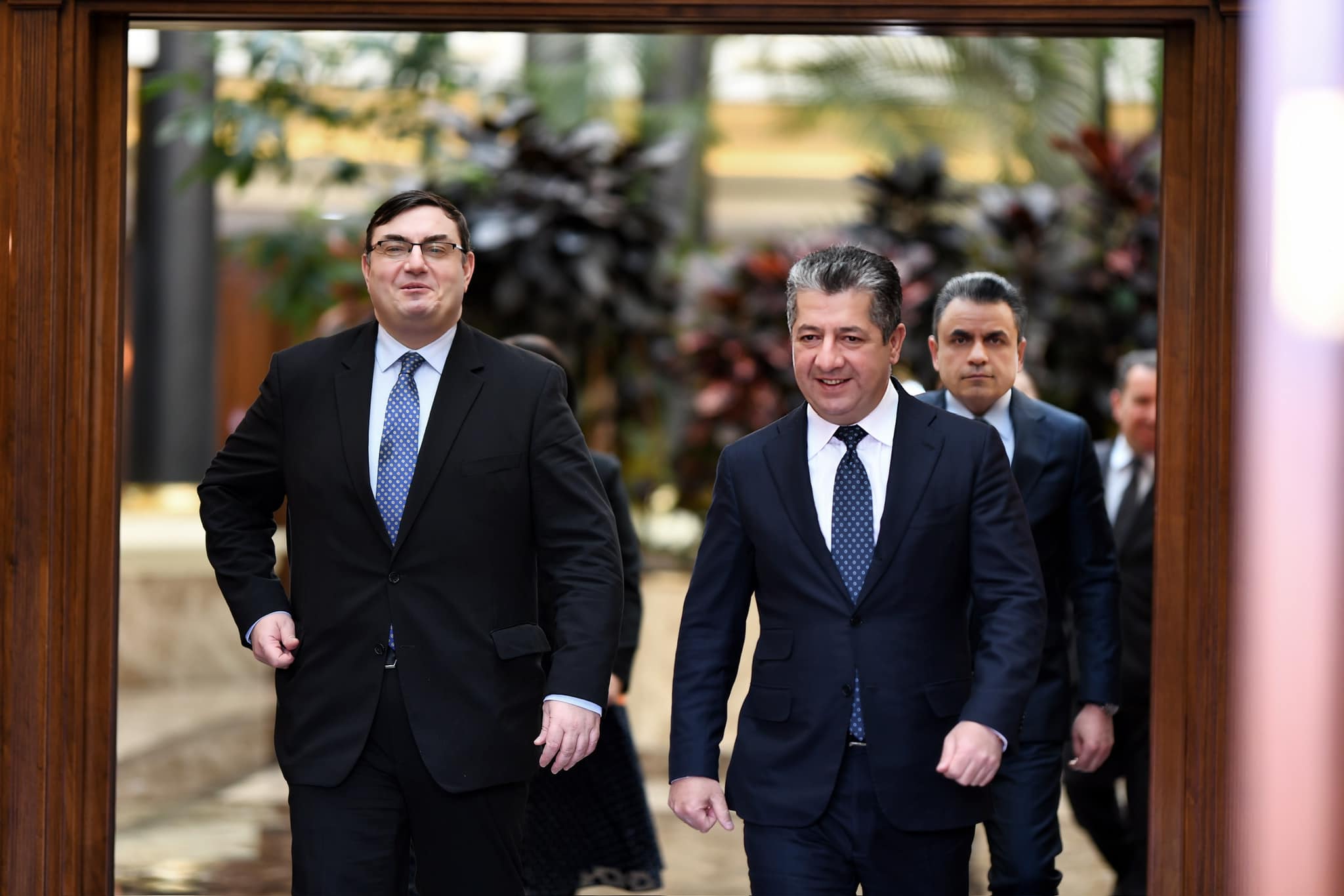 Kurdistan Region Prime Minister Masrour Barzani (right) walking alongside his Austrian Ambassador to Iraq Andrea Nasi in Erbil, Jan. 8, 2024. (Photo: KRG)