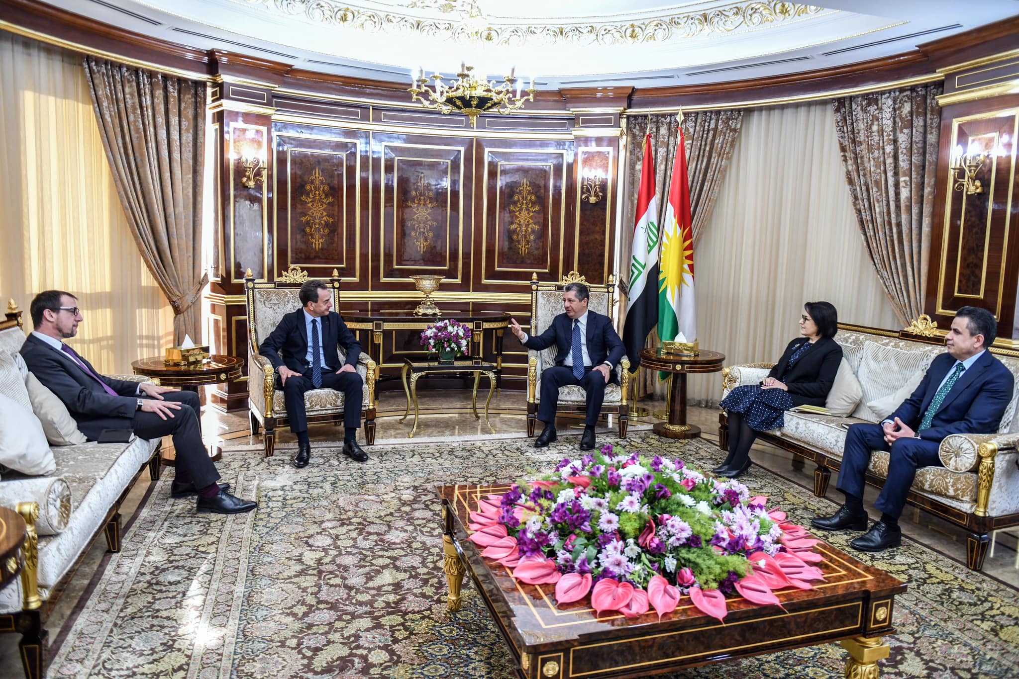 Kurdistan Region Prime Minister Masrour Barzani (top right) during his meeting with outgoing French Ambassador &Eacute;ric Chevalier in Erbil, Jan. 8, 2024. (Photo: KRG)