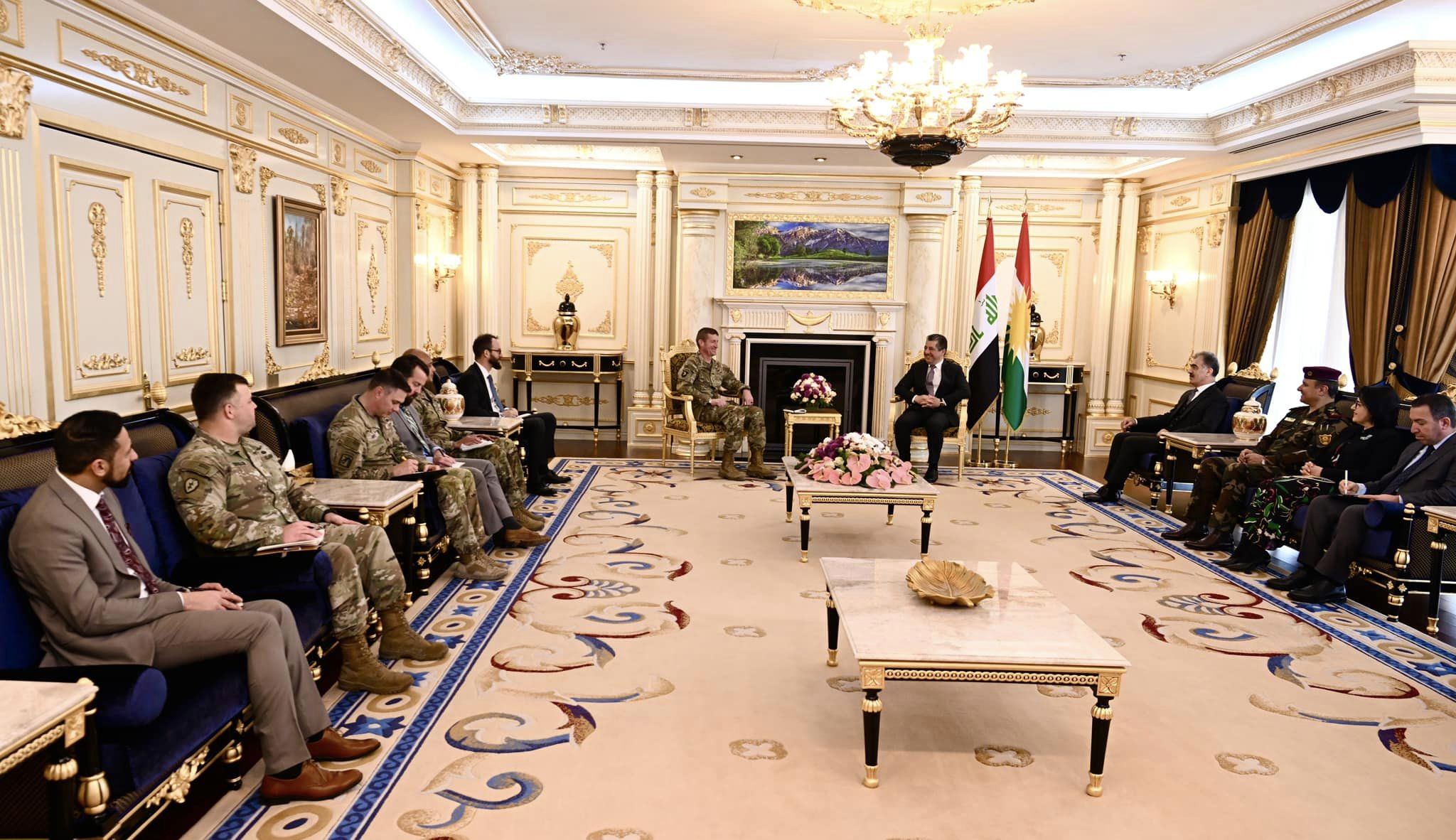 Kurdistan Region Prime Minister Masrour Barzani (top right) during his meeting with Coalition against ISIS commander Joel B. Vowell, Jan. 9, 2024. (Photo: KRG)