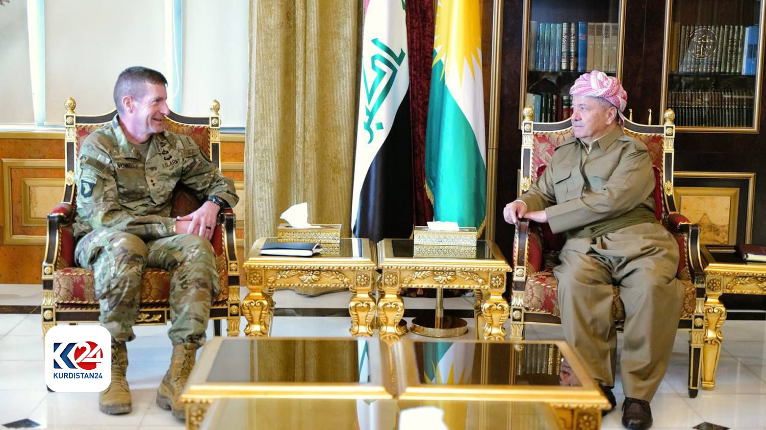 KDP President Masoud Barzani (right) during his meeting with General Maj. Gen. Joel B. Vowell, a commander of the Combined Joint Task Force-Operation Inherent Resolve, Jan.9, 2024. (Photo: Barzani Headquarters)