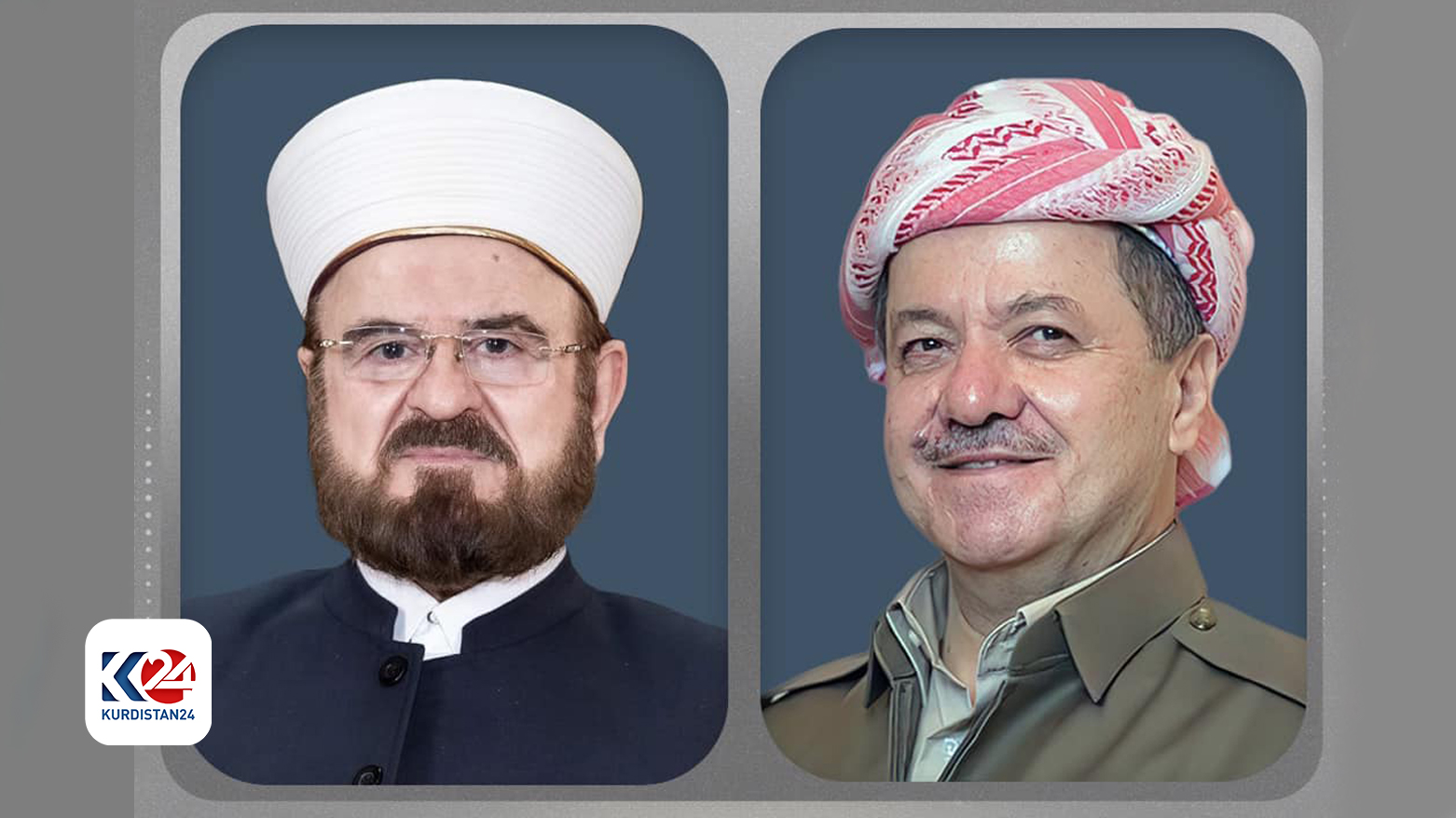 Combined photos of KDP President Masoud Barzani (right) and newly elected head of IUMS Ali Qaradaghi. (Designed by Kurdistan24)