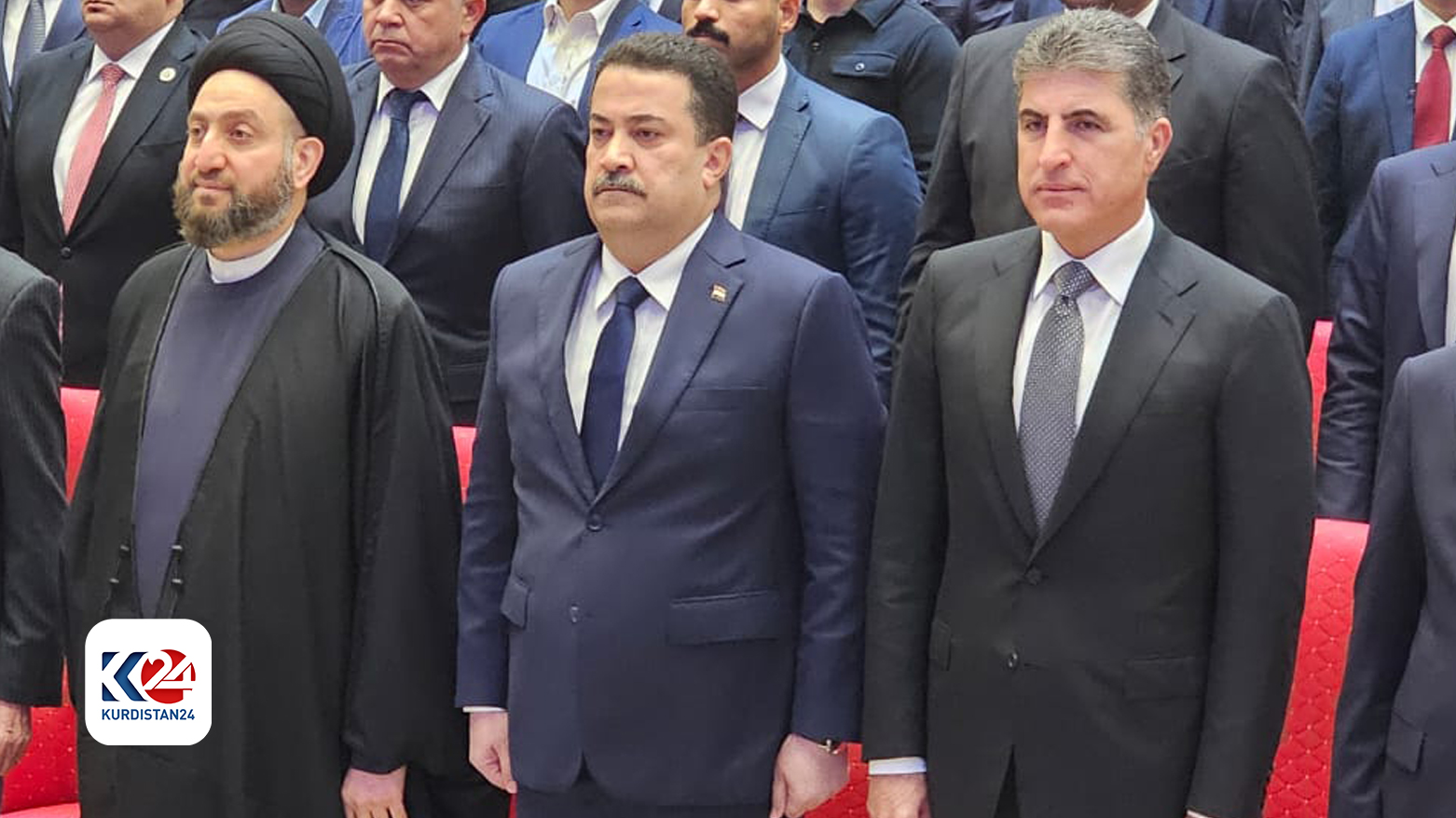 Kurdistan Region President Nechirvan Barzani (right) standing for a moment-of-silence in Baghdad along with Prime Minister Mohammad Shia' Al-Sudani, Jan. 13. 2024. (Photo: Kurdistan24)