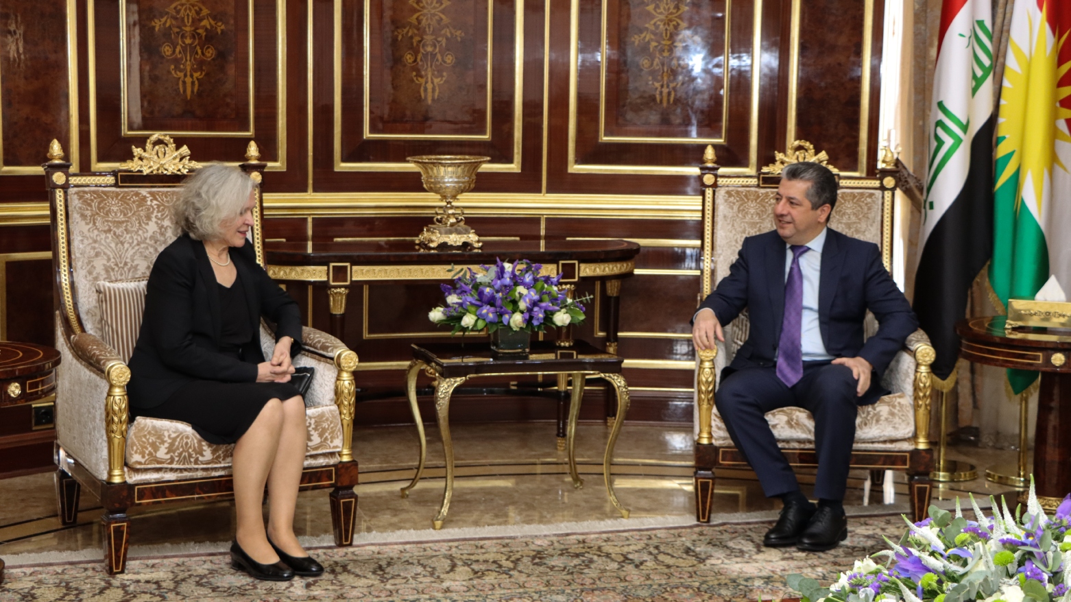 Kurdistan Region Prime Minister Masrour Barzani (right) during his meeting with Ambassador of Finland to Iraq Anu Saarela in Erbil, Jan. 14, 2024. (Photo: KRG)