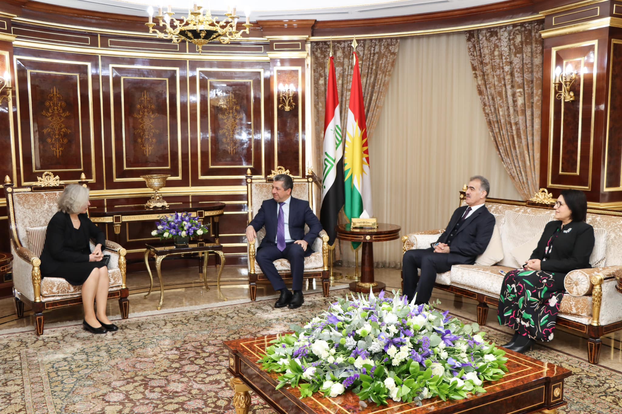 Kurdistan Region Prime Minister Masrour Barzani (top right) during his meeting with Ambassador of Finland to Iraq Anu Saarela in Erbil, Jan. 14, 2024. (Photo: KRG)