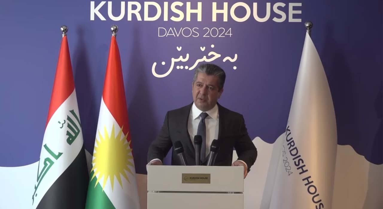 Kurdistan Region Prime Minister Masrour Barzani speaking to reporters in Switzerland's Davos on the sidelines of World Economic Forum on Iranian ballistic missile attacks on Erbil, Jan. 16, 2024. (Photo: KRG)
