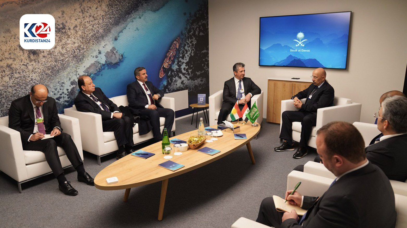Kurdistan Region Prime Minister Masrour Barzani (top left) during his meeting with Saudi Minister of Investment Khalid A. al-Falih, Jan. 16, 2024. (Photo: Kurdistan24)