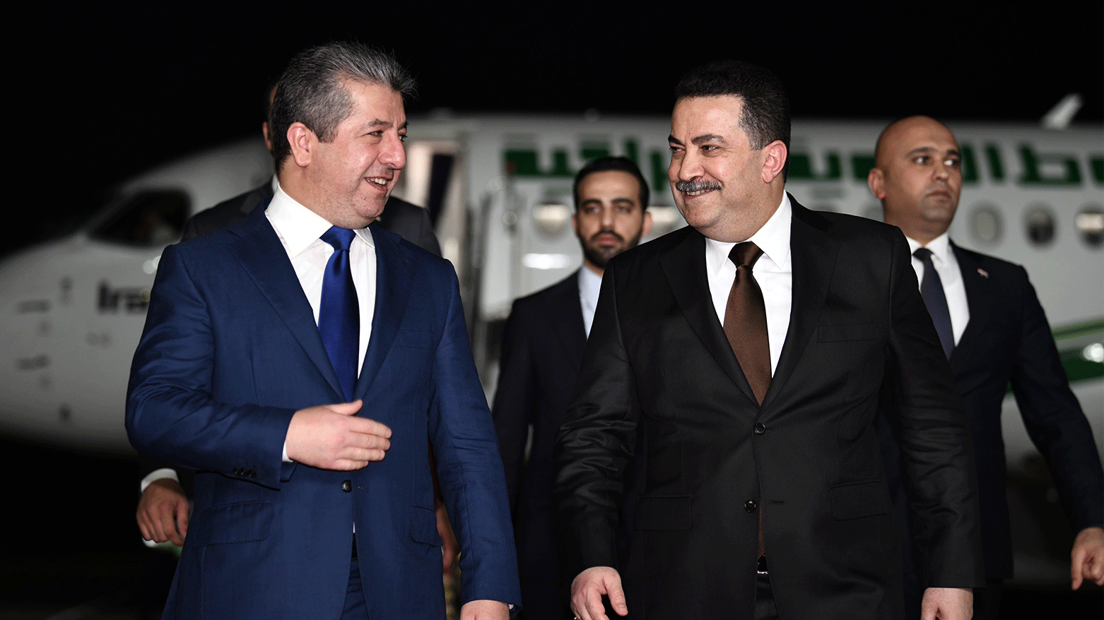 Kurdistan Region Prime Minister Masrour Barzani (left) walking alongside Iraq's Mohammed Shia' Al Sudani in Erbil, Nov. 9, 2023 (Photo: KRG)