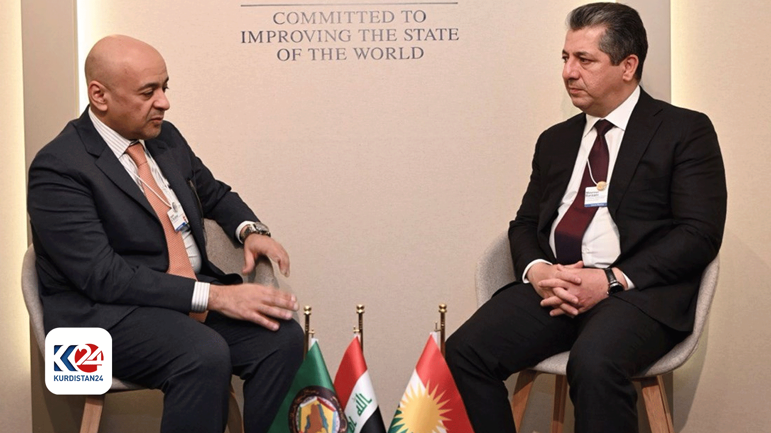 Kurdistan Region Prime Minister Masrour Barzani (right) during his meeting with GCC Secretary General Jasem Albudaiwi in Switzerland’s Davos, Jan. 17, 2024. (Photo: KRG)