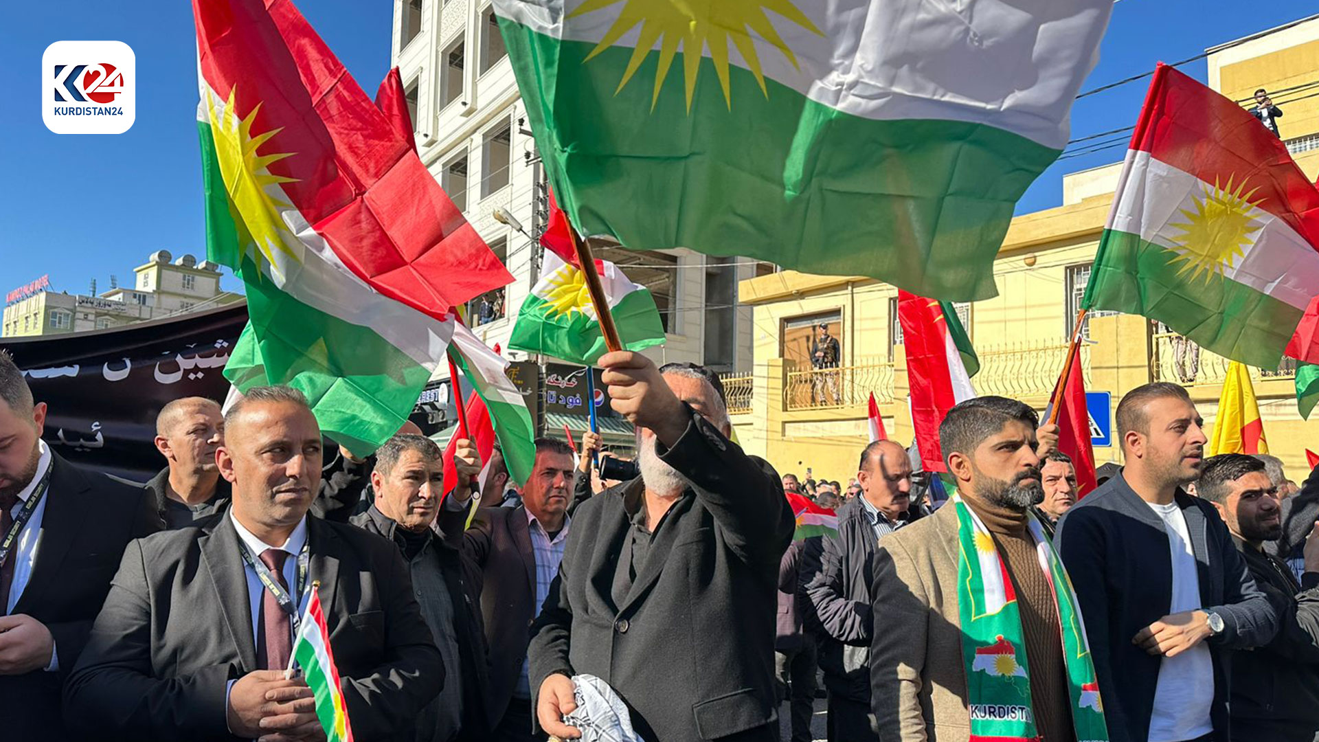 Hundreds of protestors demonstrate the Islamic Revolutionary Guard Corps (IRGC) attacks on Erbil, Jan. 18, 2024. (Photo: Kurdistan24) 