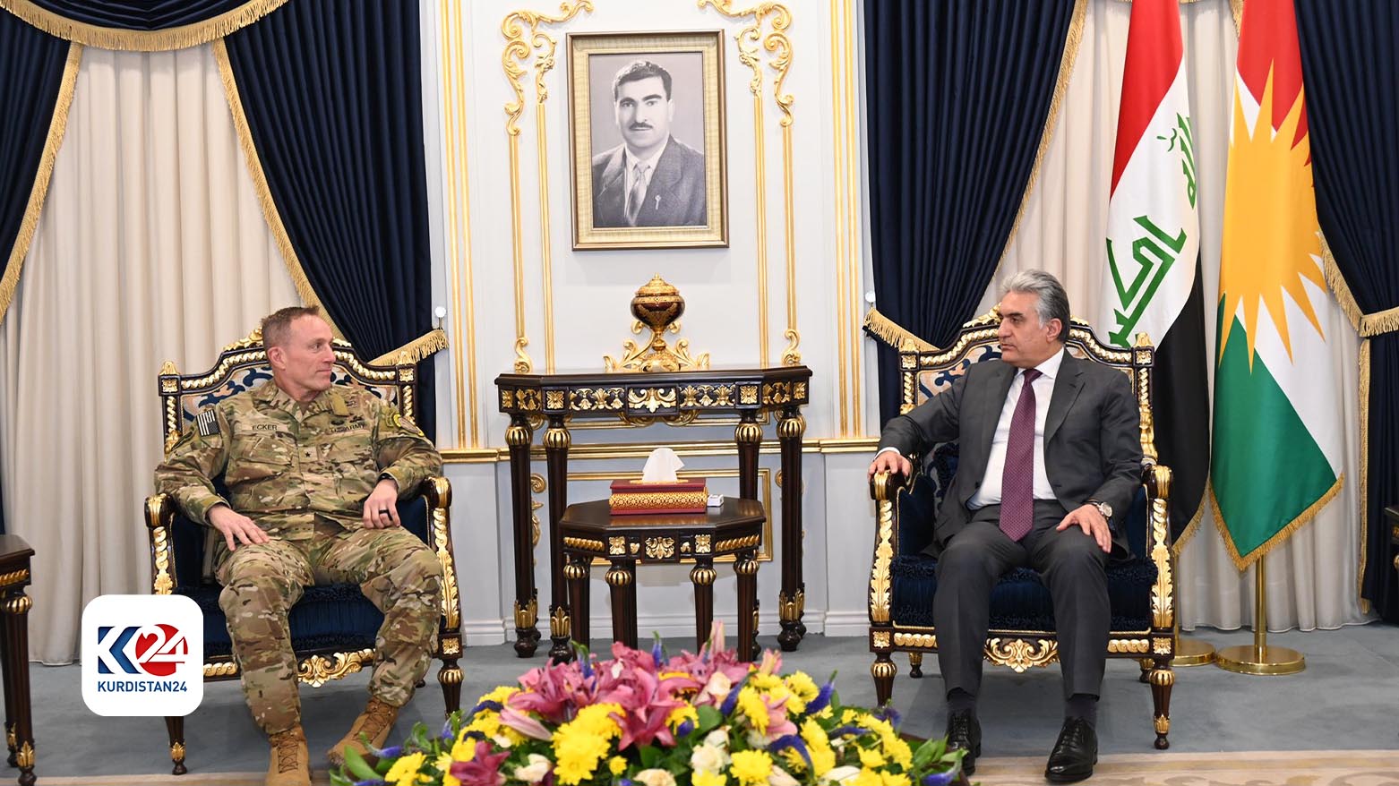 Rebar Ahmed, the Interior Minister of the KRG (right), during his meeting with the Brig. Gen. Michael Ecker, Commander of the Military Advisory Group of Operation Inherent Resolve, Jan. 21, 2024. (Photo: Rebar Ahmed/ X)