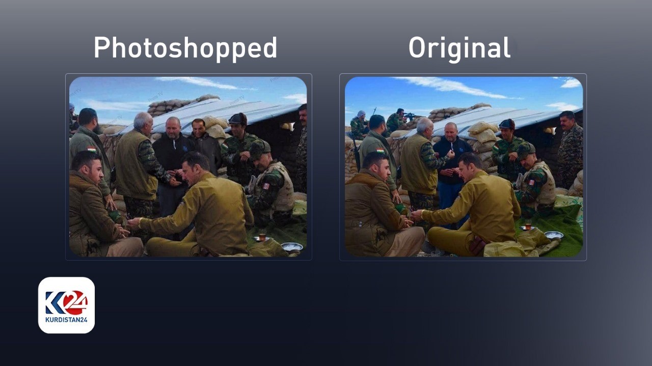 An alleged photoshopped picture showing Peshraw Dizayee with Tasa Elite's Elan Nissim (left) next to the original.