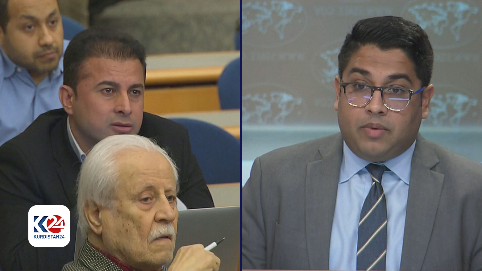 عیسا حه‌سه‌ن په‌یامنێری كوردستان24 له‌كاتی ئاراسته‌كردنی پرسیار له‌ ڤێدانت پاتێل