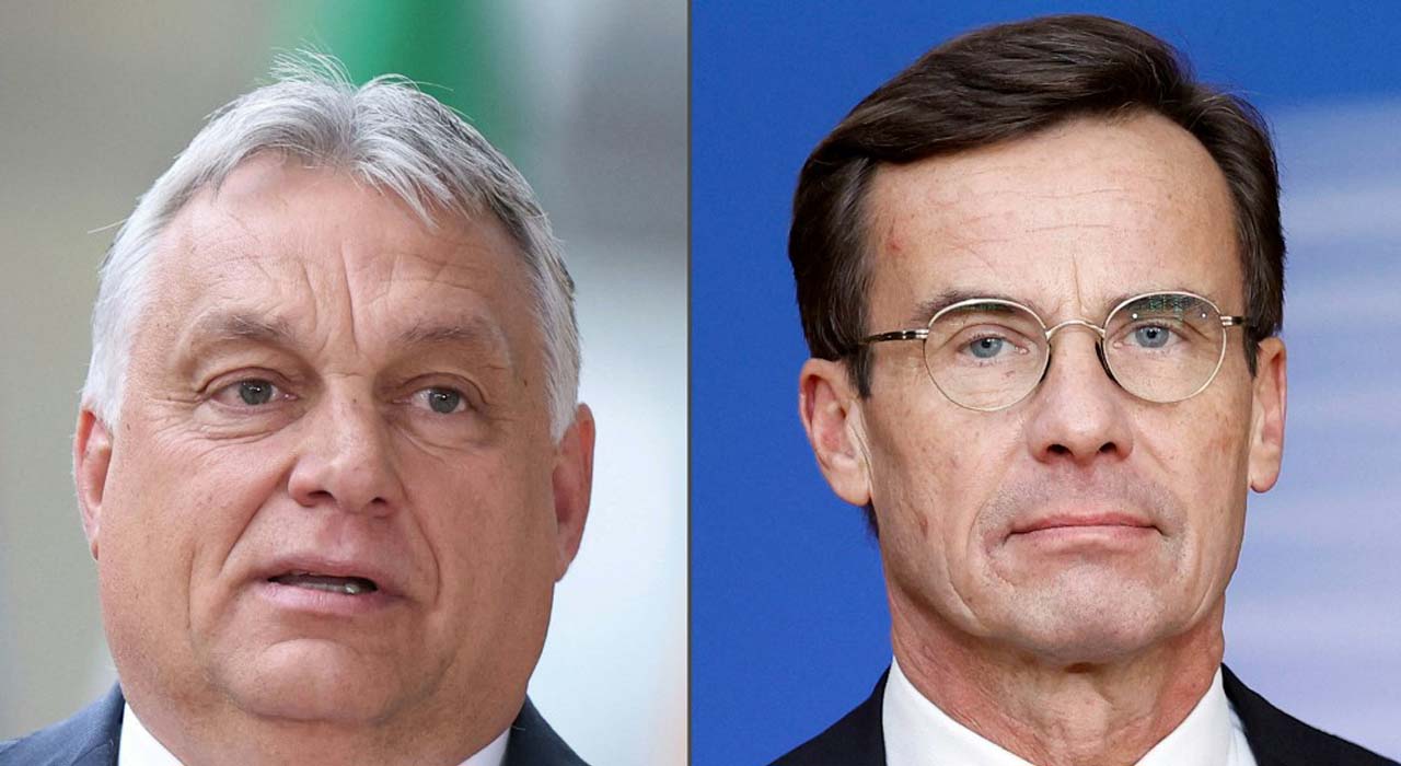 Combined photos show Hungary's Prime Minister Viktor Orban (L, in Brussels on May 30, 2022) and Sweden's Prime Minister Ulf Kristersson (in Brussels on October 20, 2022). (Photo: AFP)
