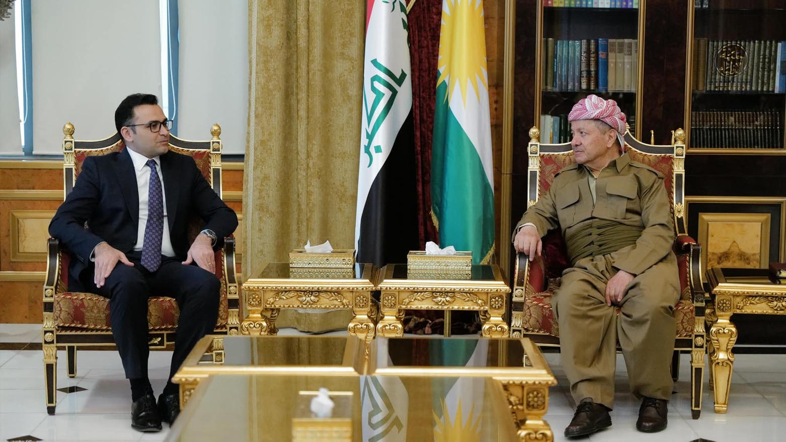 KDP President Masoud Barzani (right) during his meeting with the outgoing Turkish Consul General to Erbil Mehmet Mevlut Yakut, Jan. 24, 2024. (Photo: Barzani Headquarters)