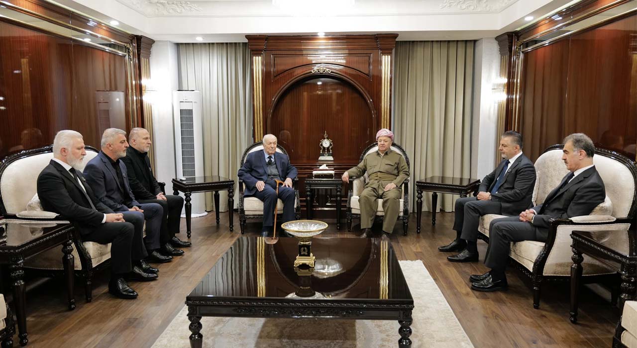 KDP President Masoud Barzani (top right) during his meeting with family of Peshraw Dizayee who was killed by IRGC missile attacks on Jan. 15, 2024. (Photo: Barzani Headquarters)