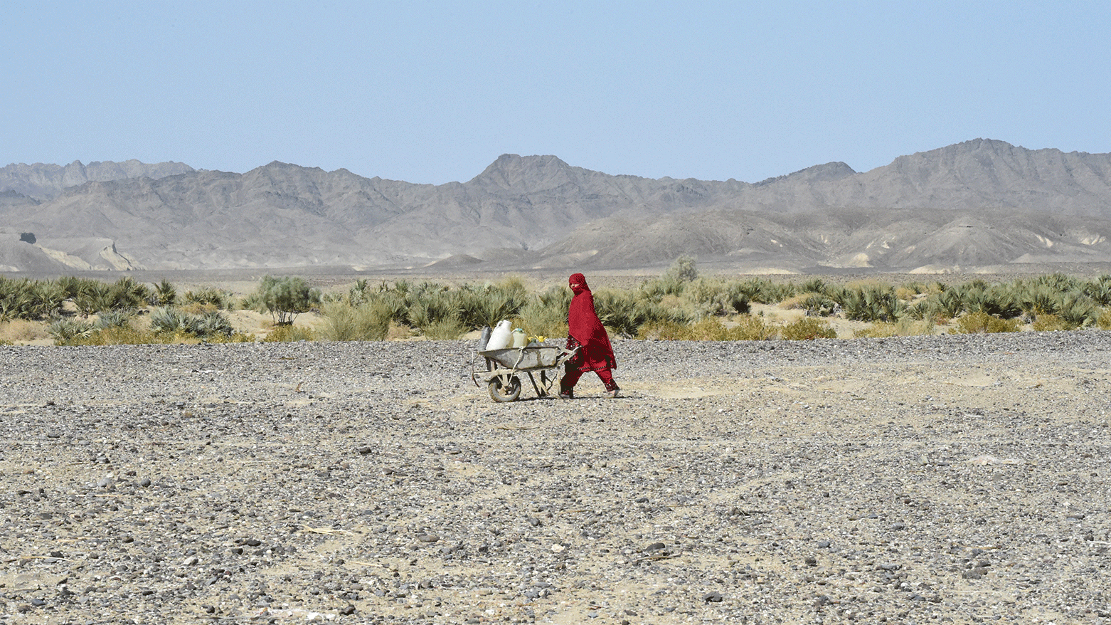 A woman carries water cans in a wheelbarrow at the Koh-e-Sabz area of Pakistan's south-west Baluchistan province where Iran launched an airstrike, on January 18, 2024. (Photo: AFP)