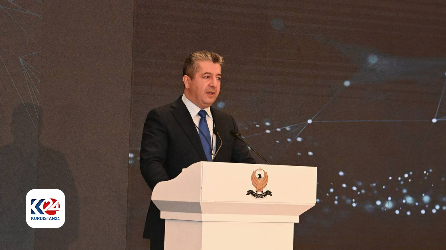 Kurdistan Region Prime Minister Masrour Barzani delivering a speech at a conference for the KRG representatives in foreign countries, Jan. 28, 2024. (Photo: KRG)