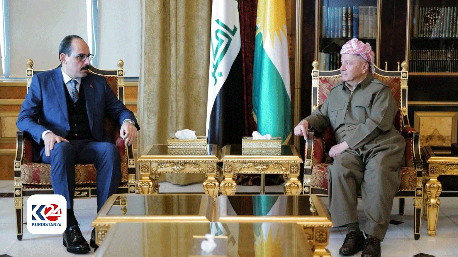 KDP President Masoud Barzani (right) during his meeting with Ibrahim Kalın, he head of Turkish intelligence agency, known as the MIT, in Erbil, Jan. 28, 2024. (Photo: Barzani Headquarters)