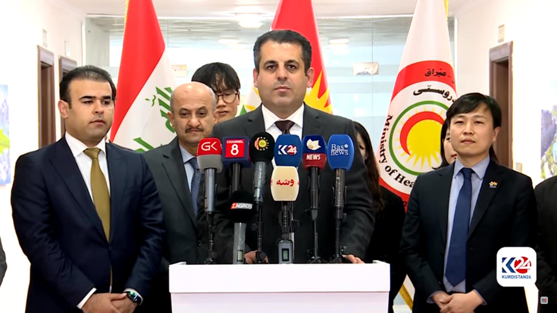 KRG Minister of Health Saman Barzinji speaking at a presser along with KOICA officials, Jan. 28, 2024. (Photo: Kurdistan24)