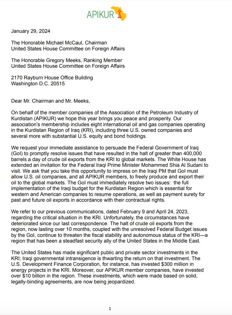 The APIKUR letter to U.S. Congress (P1)