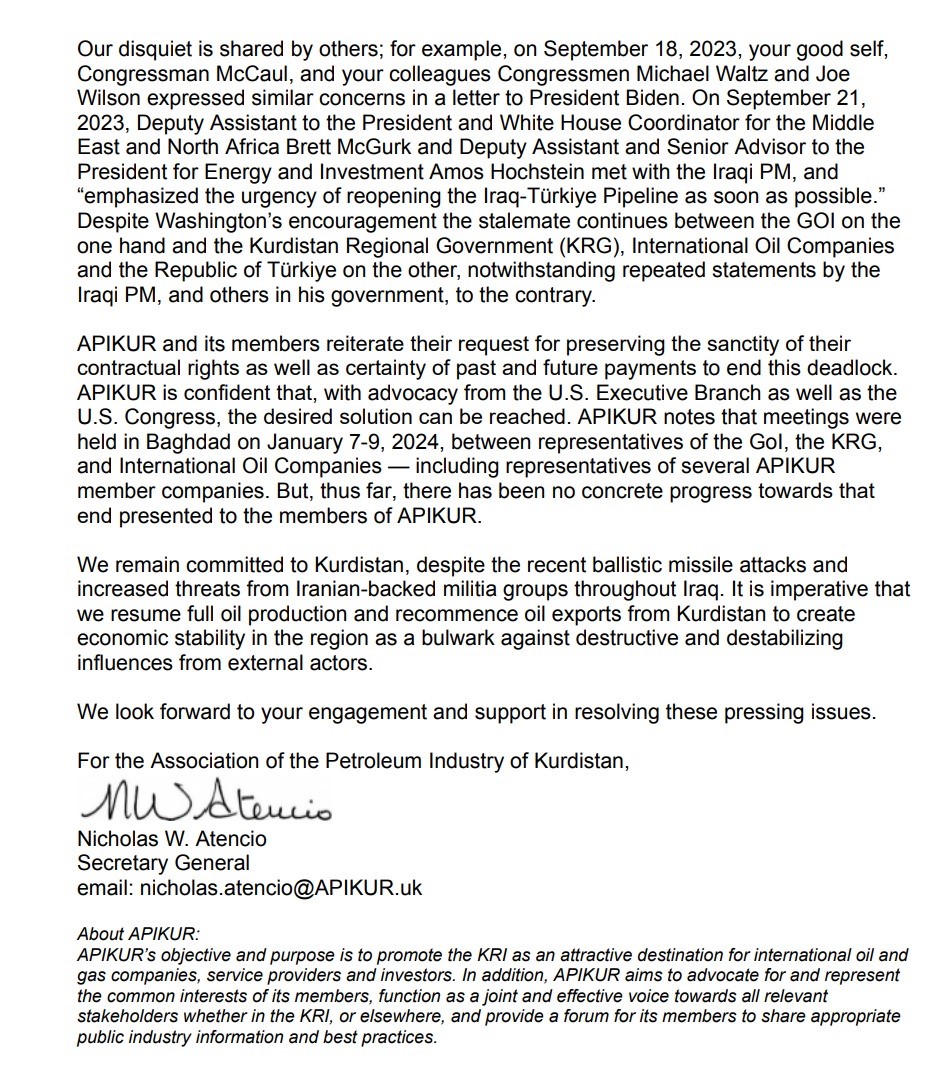 The APIKUR letter sent to U.S. Congress