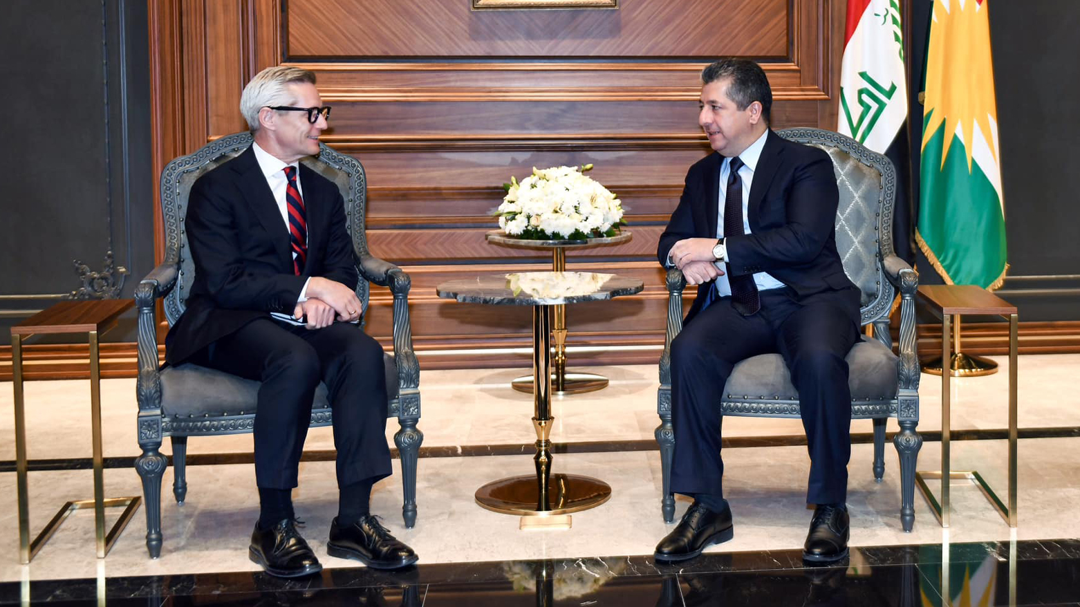 مسرور بارزانی نخست‌وزیر اقلیم کوردستان و اسپن لیندباک سفیر نروژ در اردن و عراق