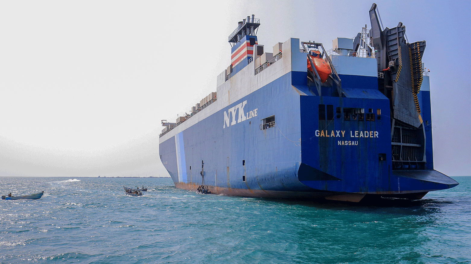 A picture taken during an organised tour by Yemen's Huthi rebels on November 22, 2023 shows the Galaxy Leader cargo ship, seized by Huthi fighters two days earlier, at a port on the Red Sea in Yemen's province of Hodeida. (Photo: AFP)