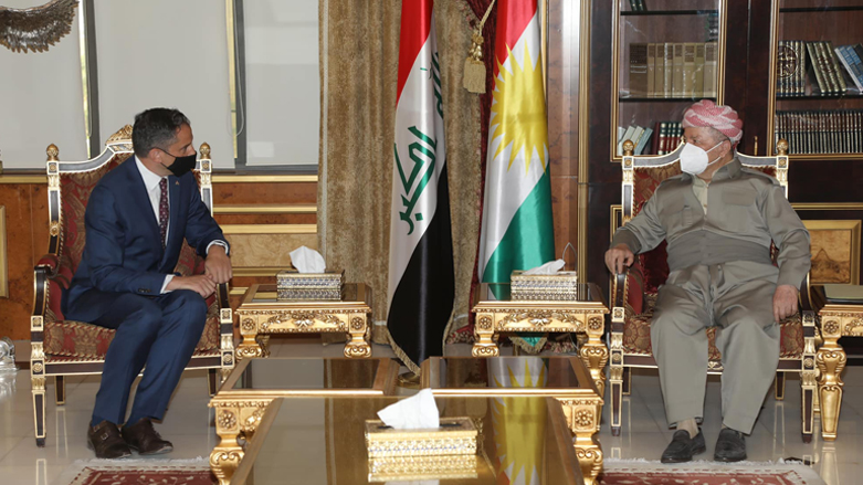 KDP President Masoud Barzani (right) is pictured during his first meeting with Robert Palladino, the new US Consul General in Erbil, July 11, 2021. (Photo: KDP)