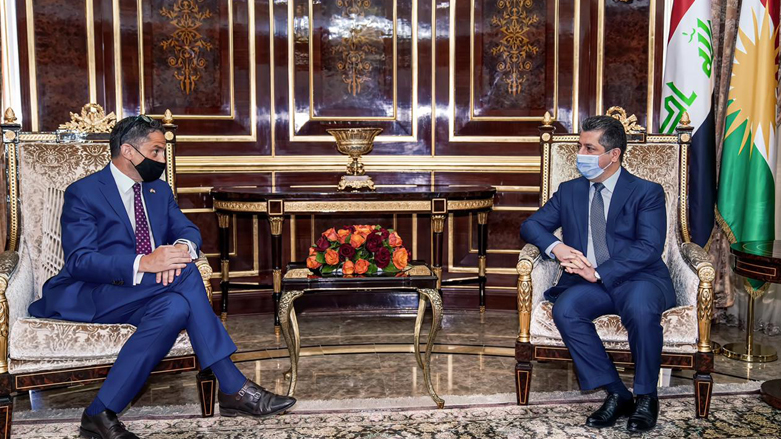 Kurdistan Region Prime Minister Masrour Barzani (right) meets with the new US Consul General to Erbil, Robert Palladino, July 11, 2021. (Photo: KRG)