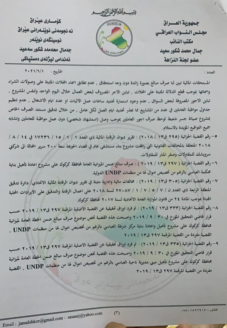 نووسراوی جه‌مال شكور، ئه‌ندامی ئه‌نجومه‌نی نوێنه‌ران بۆ سه‌رۆك كۆماری عێراق له‌باره‌ی گه‌نده‌ڵییه‌كانی راكان جبووری 