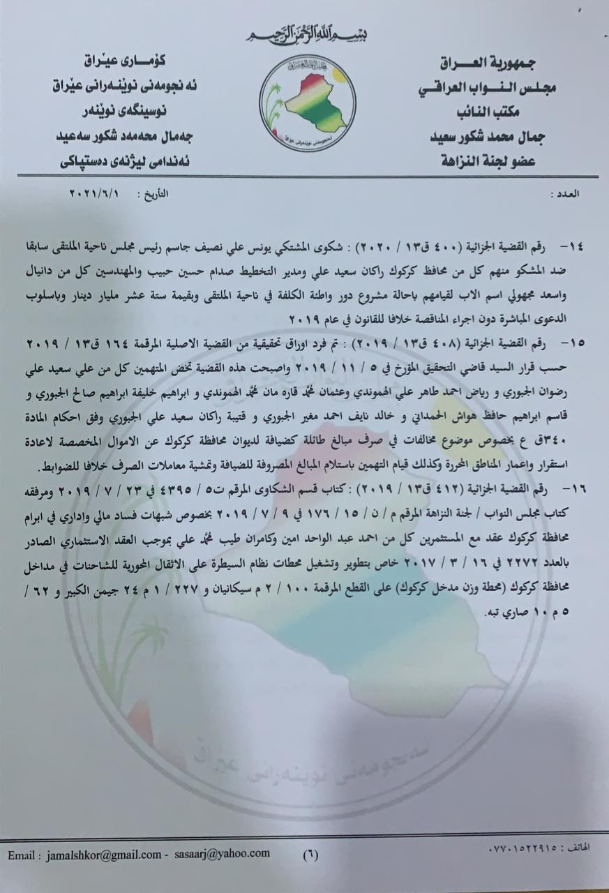 نووسراوی جه‌مال شكور، ئه‌ندامی ئه‌نجومه‌نی نوێنه‌ران بۆ سه‌رۆك كۆماری عێراق له‌باره‌ی گه‌نده‌ڵییه‌كانی راكان جبووری 