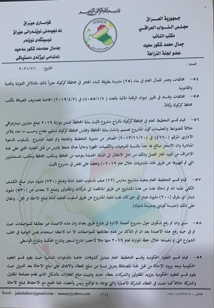 نووسراوی جه‌مال شكور، ئه‌ندامی ئه‌نجومه‌نی نوێنه‌ران بۆ سه‌رۆك كۆماری عێراق له‌باره‌ی گه‌نده‌ڵییه‌كانی راكان جبووری 