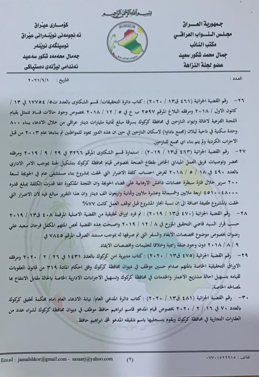 نووسراوی جه‌مال شكور، ئه‌ندامی ئه‌نجومه‌نی نوێنه‌ران بۆ سه‌رۆك كۆماری عێراق له‌باره‌ی گه‌نده‌ڵییه‌كانی راكان جبووری
