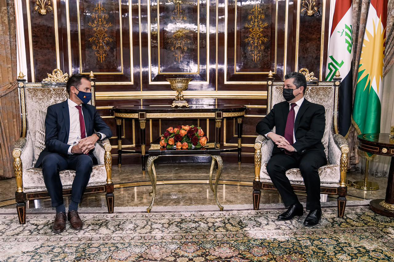 Kurdistan Region Prime Minister Masrour Barzani met Belgium’s ambassador to Iraq and Jordan, Filip Vanden Bulcke, in Erbil on July 13, 2021.
