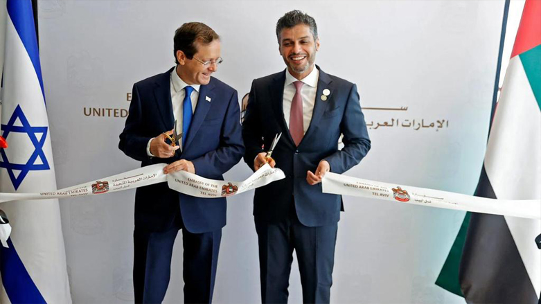 UAE Ambassador Mohammad al-Khaja (right) cuts ribbons alongside with Israeli President Issac Herzog, July 14, 2021. (Photo: Mohammad al-Khaja/Twitter)