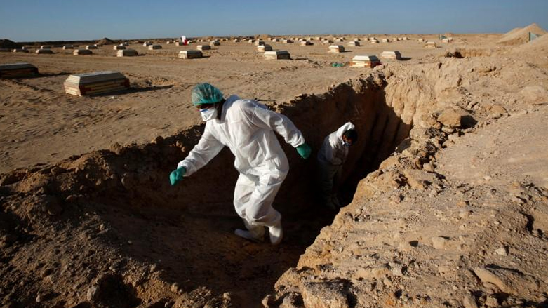 Workers bury the body of a dead coronavirus patient in an Iraqi graveyard. (Photo: Reuters)