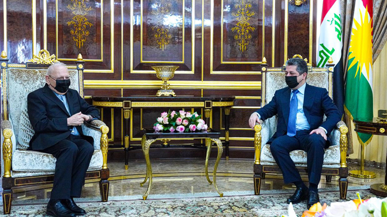Kurdistan Region Prime Minister Masrour Barzani (right) meets with Iraqi Cardinal Louis Raphael I Sako, July 17, 2021. (Photo: KRG)