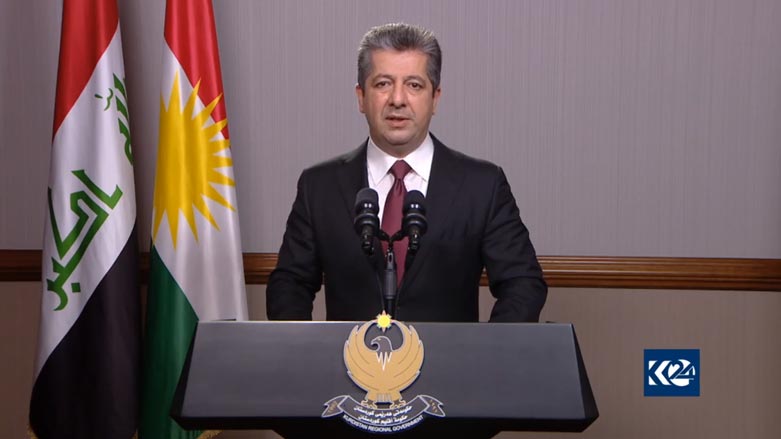 Kurdistan Region Prime Minister Masrour Barzani during a televised broadcast delivers a speech in Erbil on July 25, 2021. (Photo: KRG)